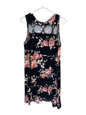 Navy Floral Mini Dress Criss Cross Back Sleeveless Boho Flowy L